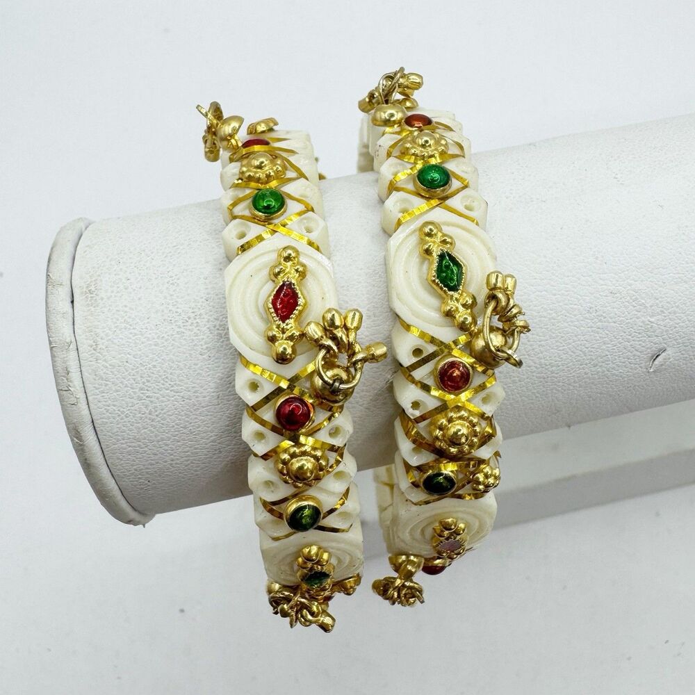 Traditional Indian Bridal Bangle Bracelets White Gold  Colorful Accents Set If 2
